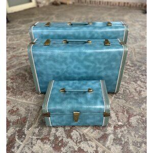 1950s hard shell suitcases in blue marble color three pieces